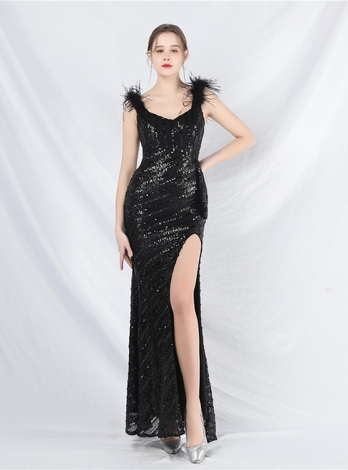 In Stock:Ship in 48 Hours Black Mermaid Sequins Feather Prom Dress