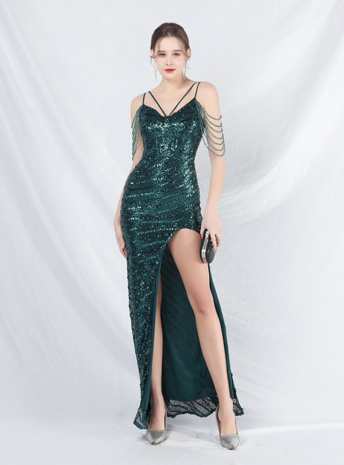 In Stock:Ship in 48 Hours Green Mermaid Sequins Beading Feather Prom Dress