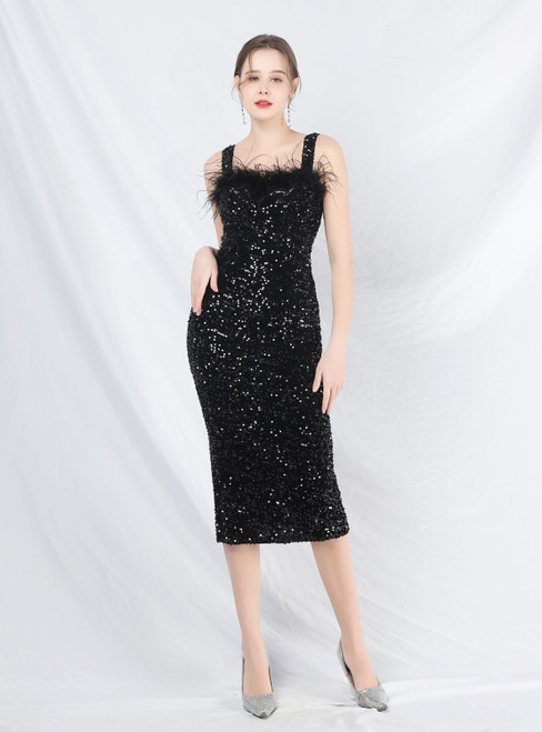 In Stock:Ship in 48 Hours Black Sequins Straps Short Prom Dress