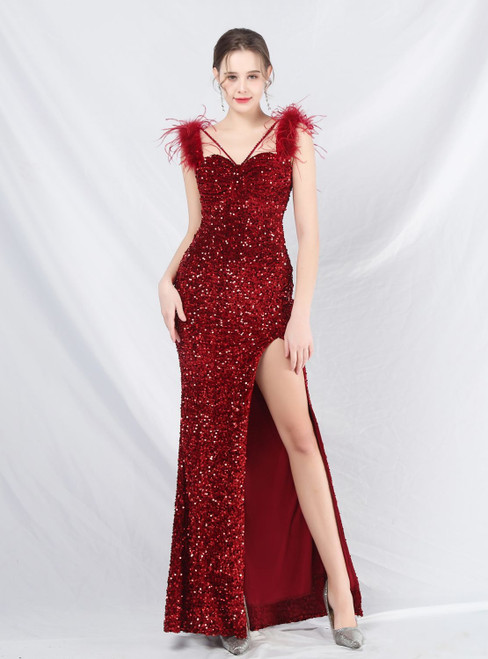  In Stock:Ship in 48 Hours Burgundy Sequins Split Prom Dress