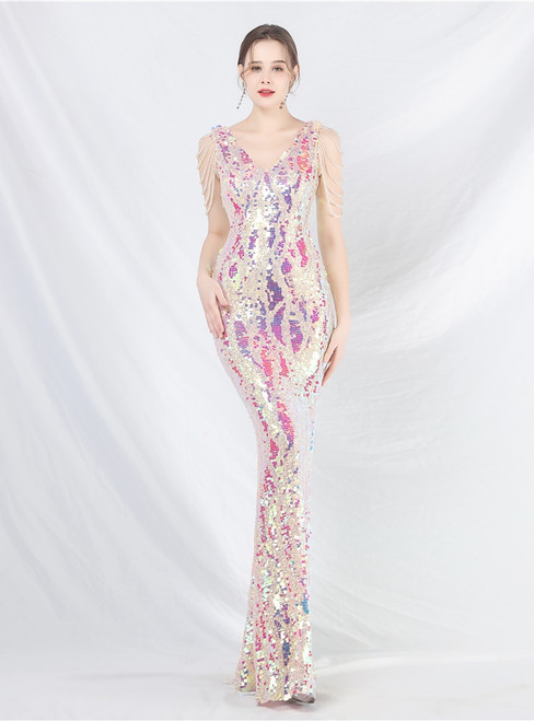 In Stock:Ship in 48 Hours Colorful Apricot Sequins V-neck Prom Dress