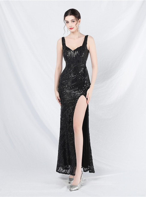 In Stock:Ship in 48 Hours Black Sequins Straps Split Prom Dress
