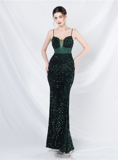 In Stock:Ship in 48 Hours Dark Green Mermaid Sequins Appliques Prom Dress