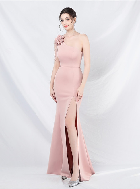 In Stock:Ship in 48 Hours Pink One Shoulder Beading Split Prom Dress