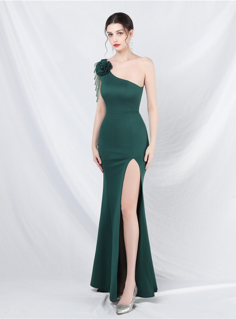 In Stock:Ship in 48 Hours Green One Shoulder Beading Prom Dress
