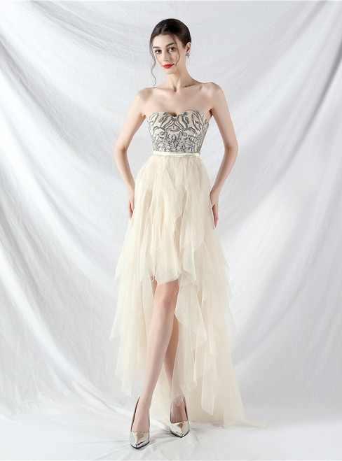 In Stock:Ship in 48 Hours Apricot Silver Tulle Hi Lo Party Dress