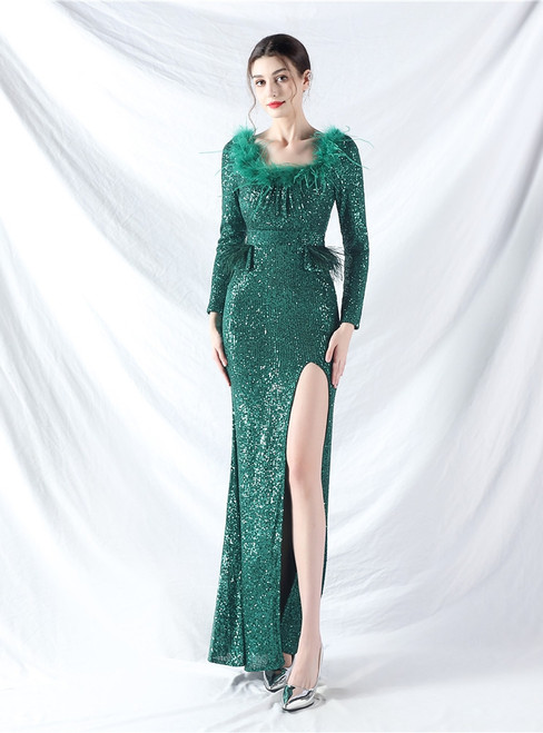 In Stock:Ship in 48 Hours Green Long Sleeve Mermaid Sequins Party Dress