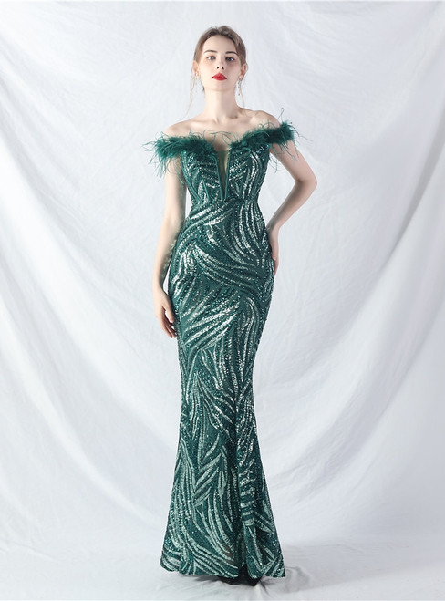 In Stock:Ship in 48 Hours Green Mermaid Sequins Feather Party Dress