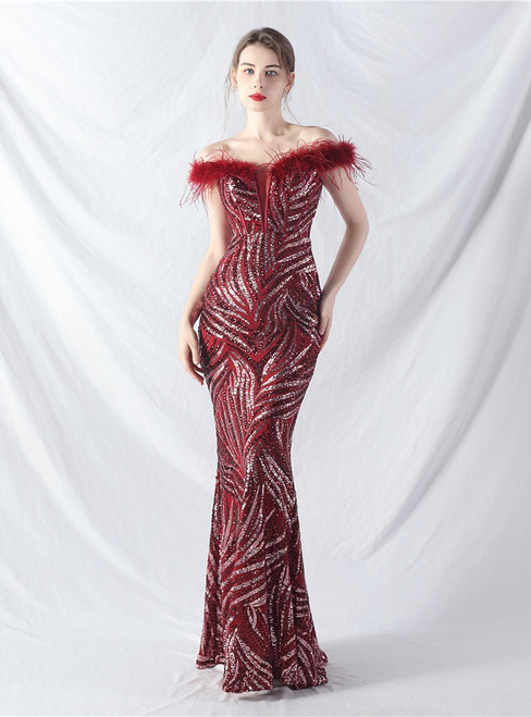 In Stock:Ship in 48 Hours Burgundy Mermaid Sequins Feather Party Dress