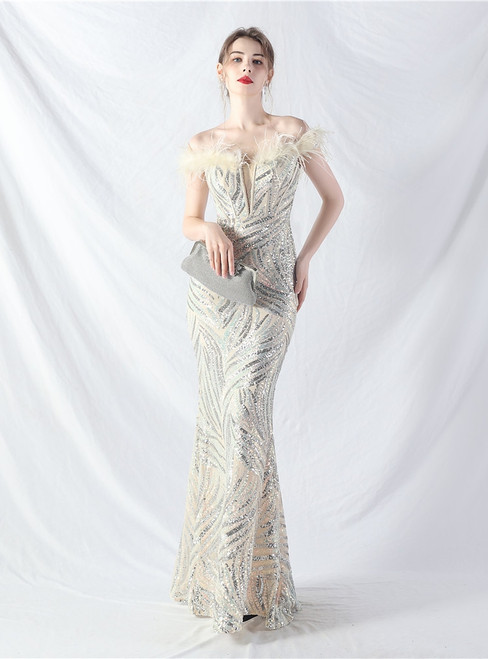 In Stock:Ship in 48 Hours Silver Mermaid Sequins Feather Party Dress
