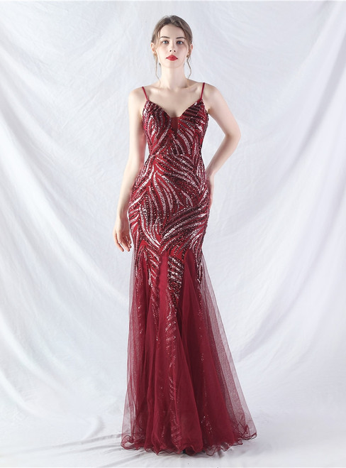 In Stock:Ship in 48 Hours Sexy Burgundy Sequins Tulle Party Dress