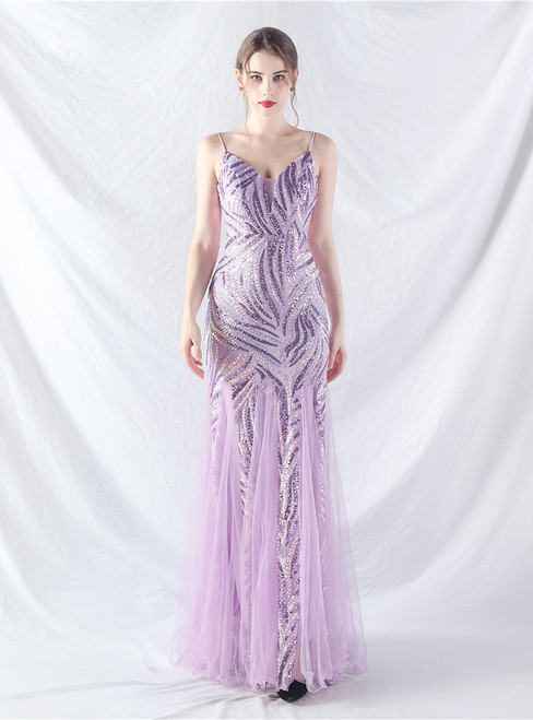 In Stock:Ship in 48 Hours Sexy Purple Sequins Tulle Party Dress