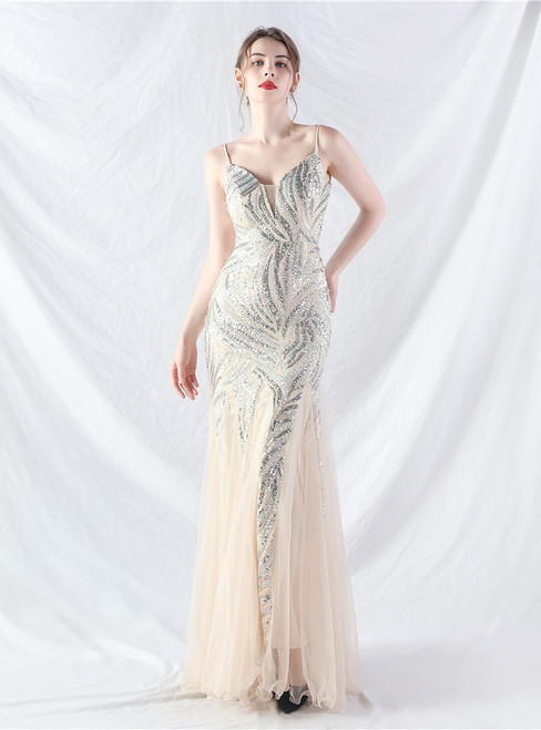 In Stock:Ship in 48 Hours Sexy Apricot Silver Sequins Tulle Party Dress