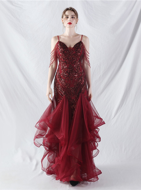 In Stock:Ship in 48 Hours Burgundy Tulle Sequins Spaghetti Straps Prom Dress