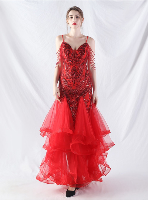 In Stock:Ship in 48 Hours Red Tulle Sequins Spaghetti Straps Prom Dress