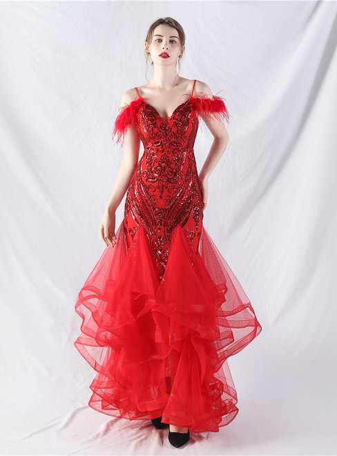 In Stock:Ship in 48 Hours Red Sequins Tulle Feather Party Dress