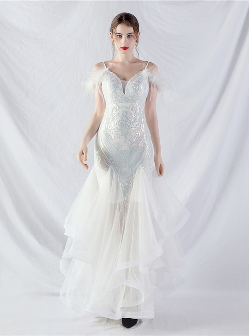 In Stock:Ship in 48 Hours White Sequins Tulle Feather Party Dress