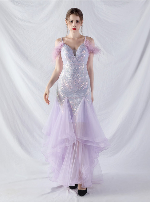 In Stock:Ship in 48 Hours Lavender Sequins Tulle Feather Party Dress