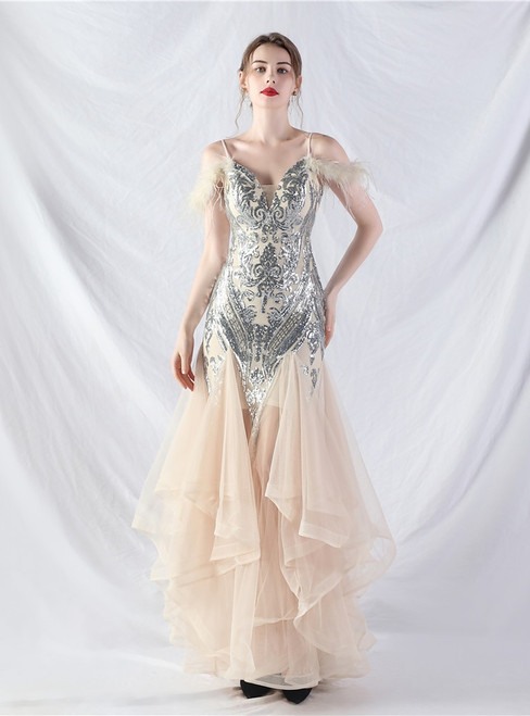 In Stock:Ship in 48 Hours Apricot Silver Sequins Tulle Feather Party Dress