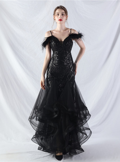 In Stock:Ship in 48 Hours Black Sequins Tulle Feather Party Dress