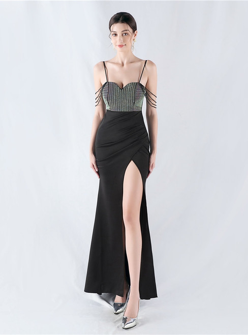 In Stock:Ship in 48 Hours Black Straps Split Beading Party Dress