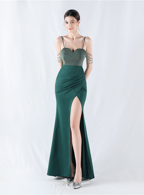 In Stock:Ship in 48 Hours Green Straps Split Beading Party Dress