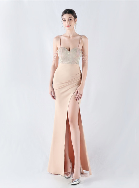 In Stock:Ship in 48 Hours Apricot Straps Split Beading Party Dress