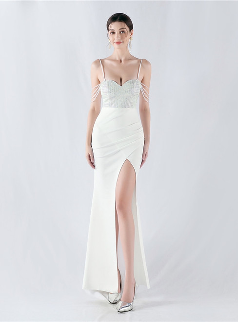 In Stock:Ship in 48 Hours White Straps Split Beading Party Dress