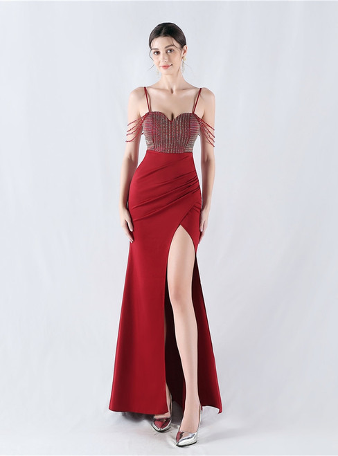 In Stock:Ship in 48 Hours Burgundy Straps Split Beading Party Dress
