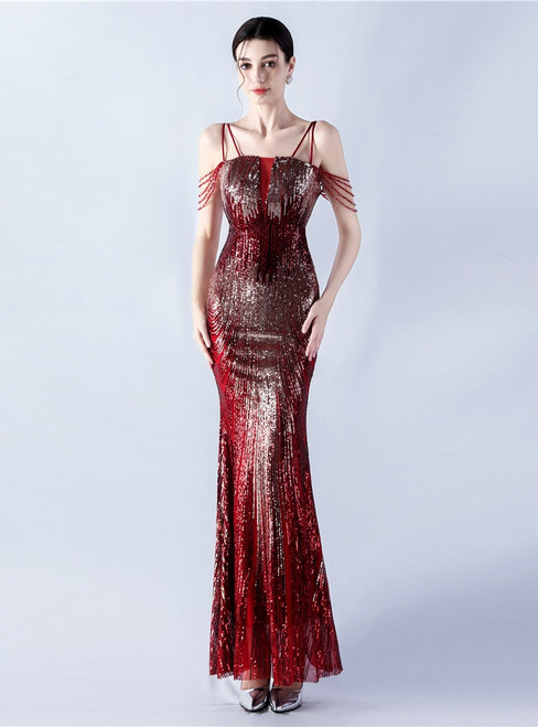 In Stock:Ship in 48 Hours Burgundy Gold Sequins Beading Party Dress