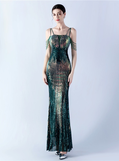 In Stock:Ship in 48 Hours Green Gold Sequins Beading Party Dress
