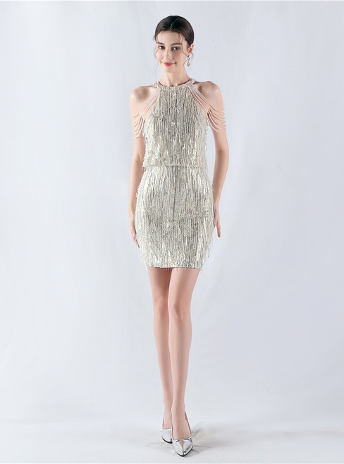 In Stock:Ship in 48 Hours Silver Tassel Sequins Beading Party Dress