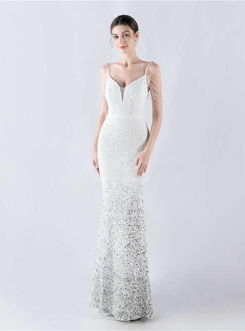 In Stock:Ship in 48 Hours White Mermaid Sequins Straps Beading Party Dress