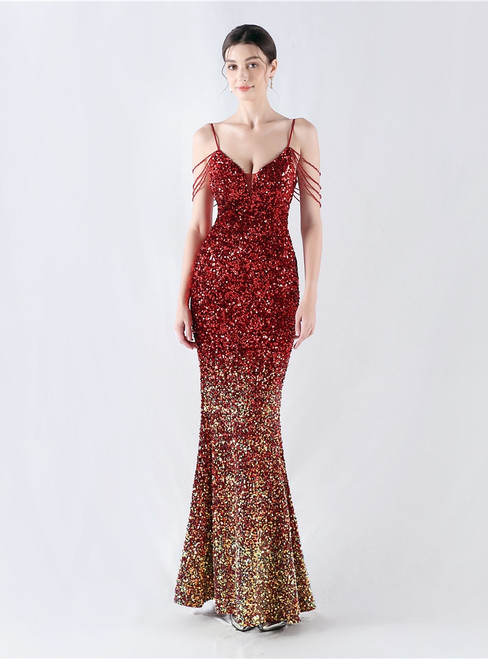 In Stock:Ship in 48 Hours Burgundy Mermaid Sequins Straps Beading Party Dress