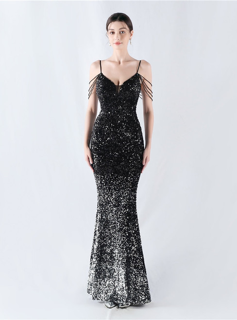 In Stock:Ship in 48 Hours Black Mermaid Sequins Straps Beading Party Dress