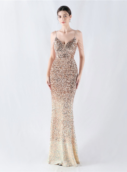 In Stock:Ship in 48 Hours Gold Mermaid Sequins Straps Beading Party Dress