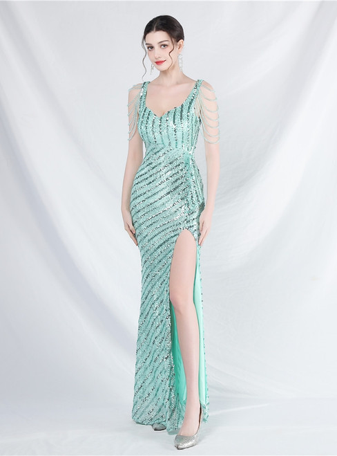 In Stock:Ship in 48 Hours Mint Green Sequins Straps Beading Slit Party Dress
