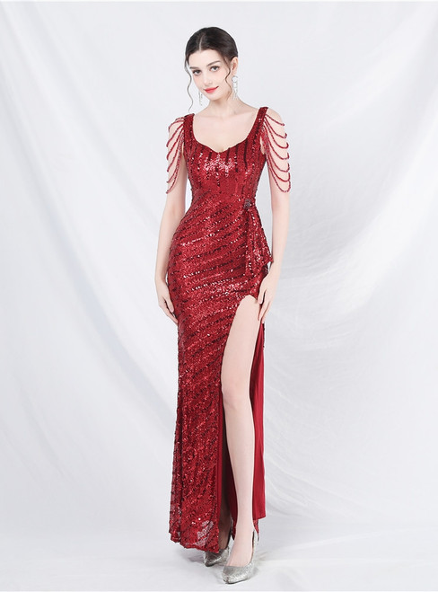 In Stock:Ship in 48 Hours Burgundy Sequins Straps Beading Slit Party Dress