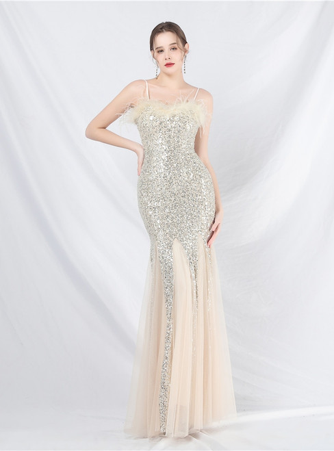 In Stock:Ship in 48 Hours Apricot Silver Sequins Tulle Straps Party Dress