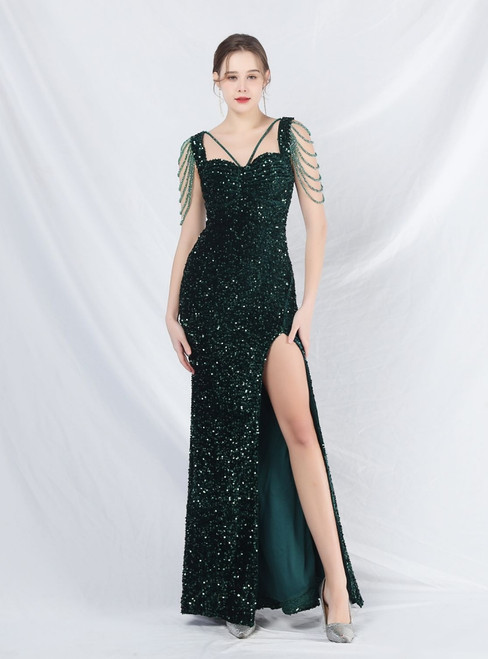 In Stock:Ship in 48 Hours Green Sequins Split Beading Party Dress