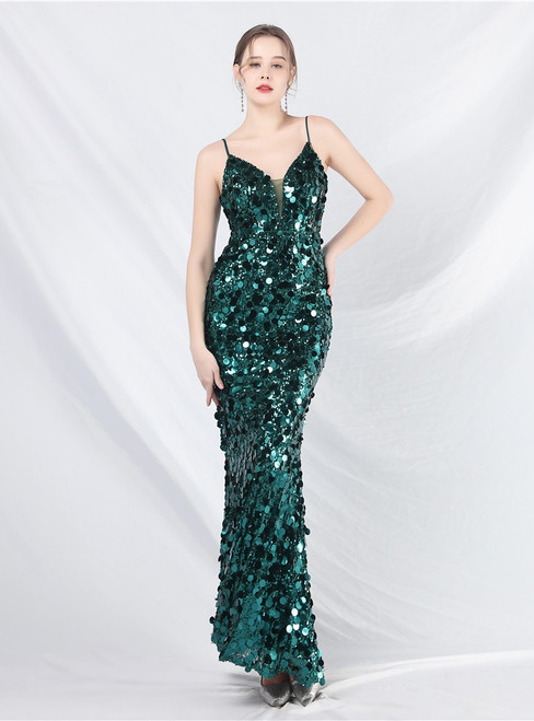 In Stock:Ship in 48 Hours Sexy Green Sequins Spaghetti Straps Party Dress