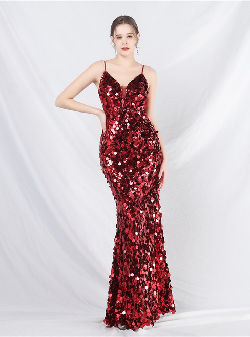 In Stock:Ship in 48 Hours Sexy Burgundy Sequins Spaghetti Straps Party Dress