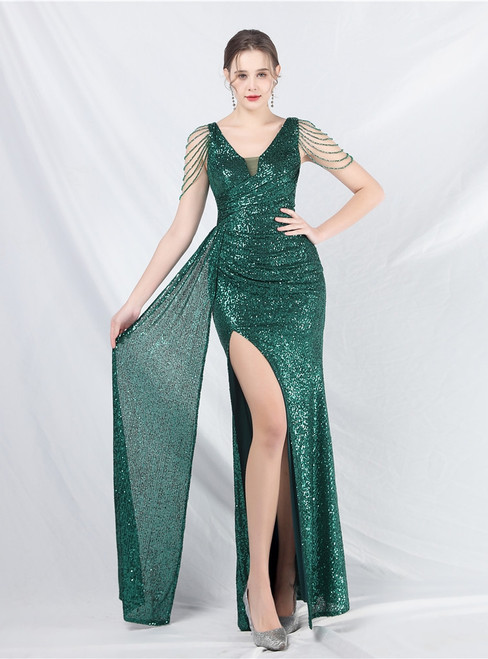 In Stock:Ship in 48 Hours V-neck Sequins Green Beading Party Dress