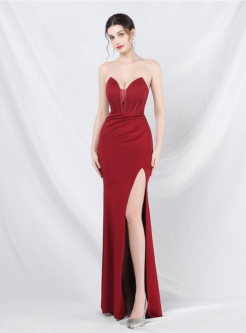 In Stock:Ship in 48 Hours Burgundy Mermaid Strapless Split Party Dress
