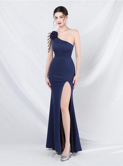 In Stock:Ship in 48 Hours Sexy Navy Blue One Shoulder Beading Party Dress