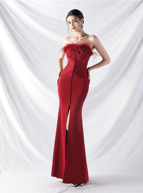 In Stock:Ship in 48 Hours Burgundy Strapless Button Split Party Dress