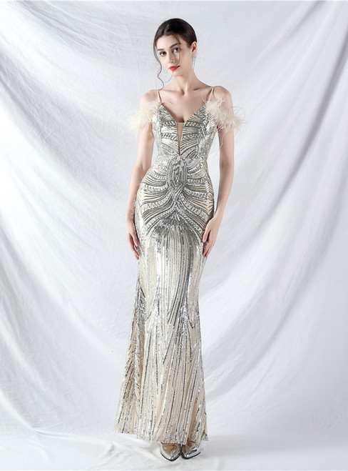 In Stock:Ship in 48 Hours Sexy Silver Sequins Straps Feather Party Dress