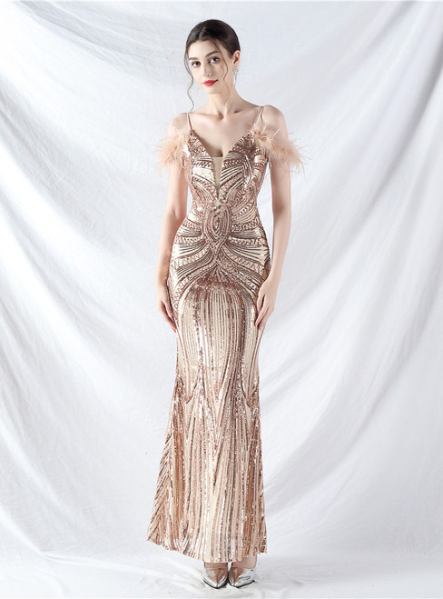In Stock:Ship in 48 Hours Sexy Gold Sequins Straps Feather Party Dress