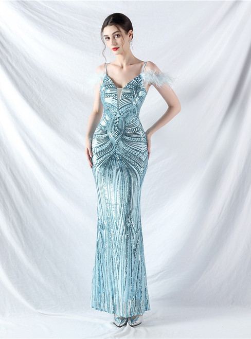 In Stock:Ship in 48 Hours Sexy Blue Sequins Straps Feather Party Dress
