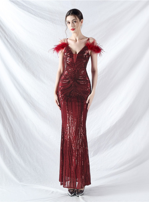 In Stock:Ship in 48 Hours Sexy Burgundy Sequins Straps Feather Party Dress
